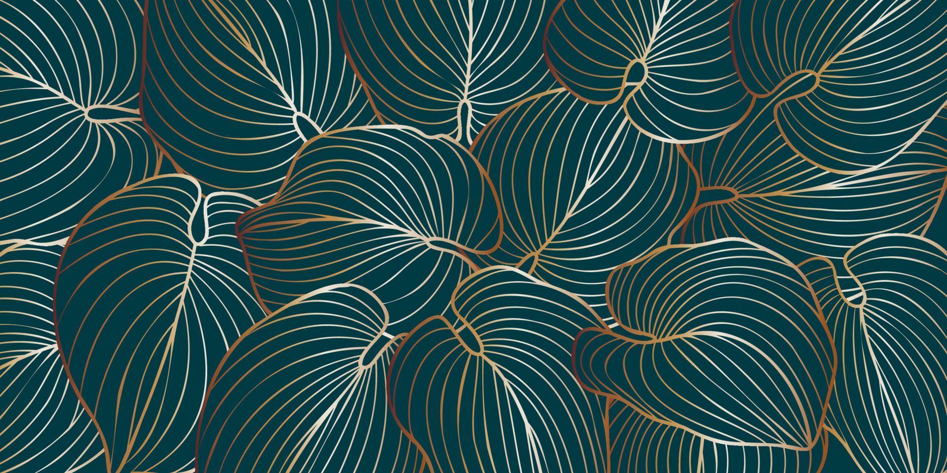 lujosa línea dorada art deco hosta deja fondo línea dibujada a mano hojas tropicales. diseño de papel pintado para web, afiche, portada, pancarta, tela, invitación. ilustración vectorial vector