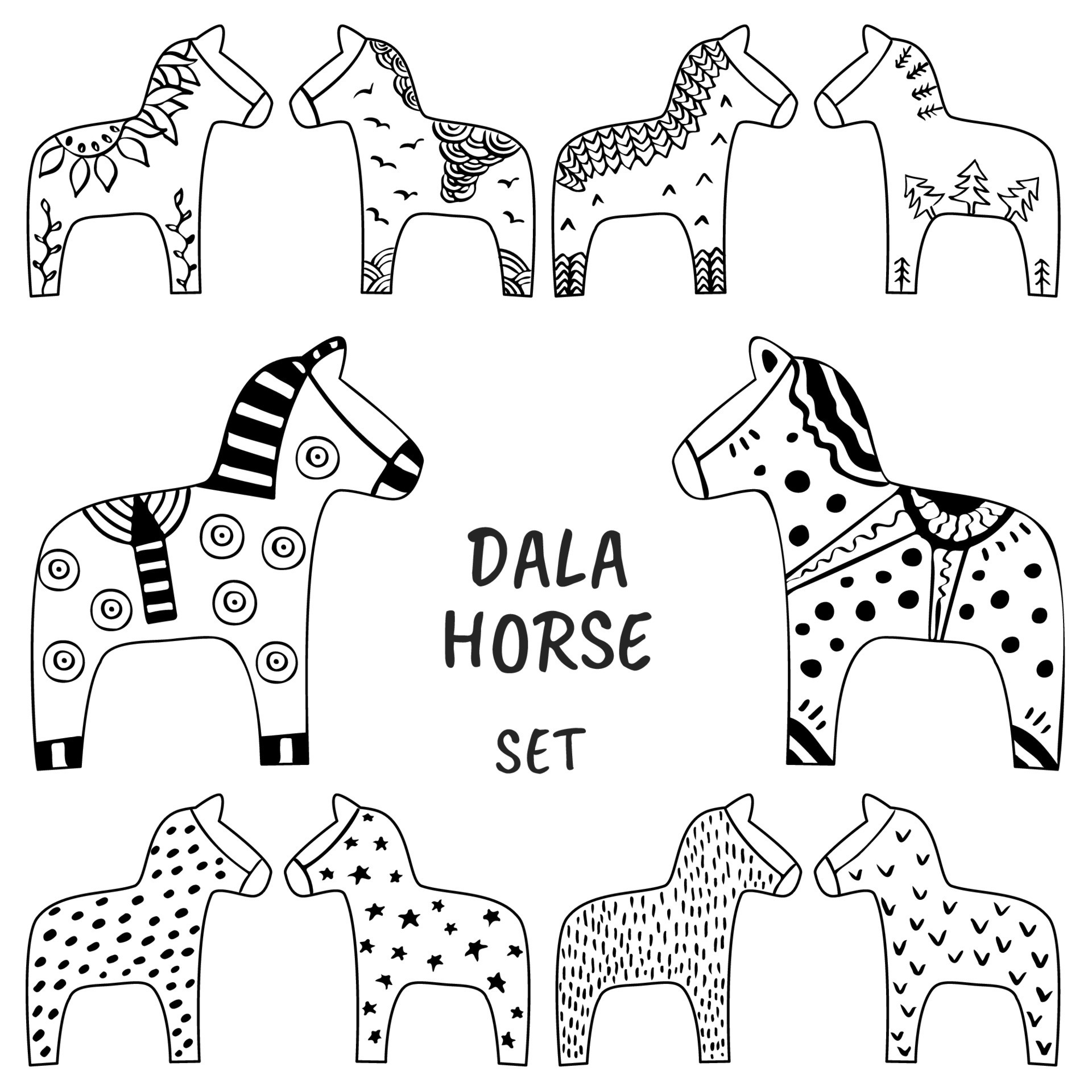 Dala horses set. Ink hand drawn sketch of traditional Swedish Dalarna