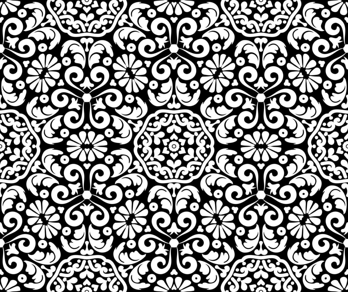 Floral ornate decor seamless pattern. Vintage floral damask ornament. Black and white. Vector illustration. For fabric, tile, wallpaper or packaging.