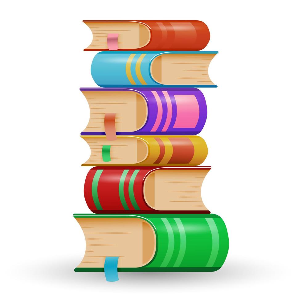 Stack of books with bookmarks isolated on white background. A collection of hardcover books. Back to school. Vector illustration.