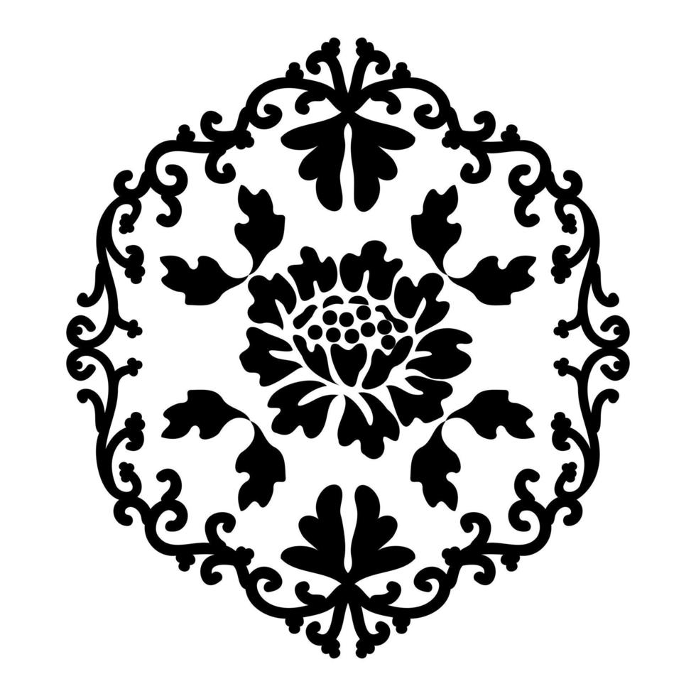 Black damask pattern in classic style. Vector illustration for laser cutting, tattoo, marquetry, logo for yoga, icons, lace.