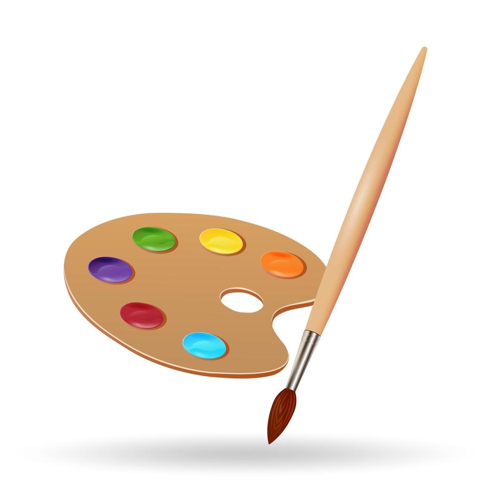 Paintbrush and palette with paints for the artist isolated on white background. Vector illustration.