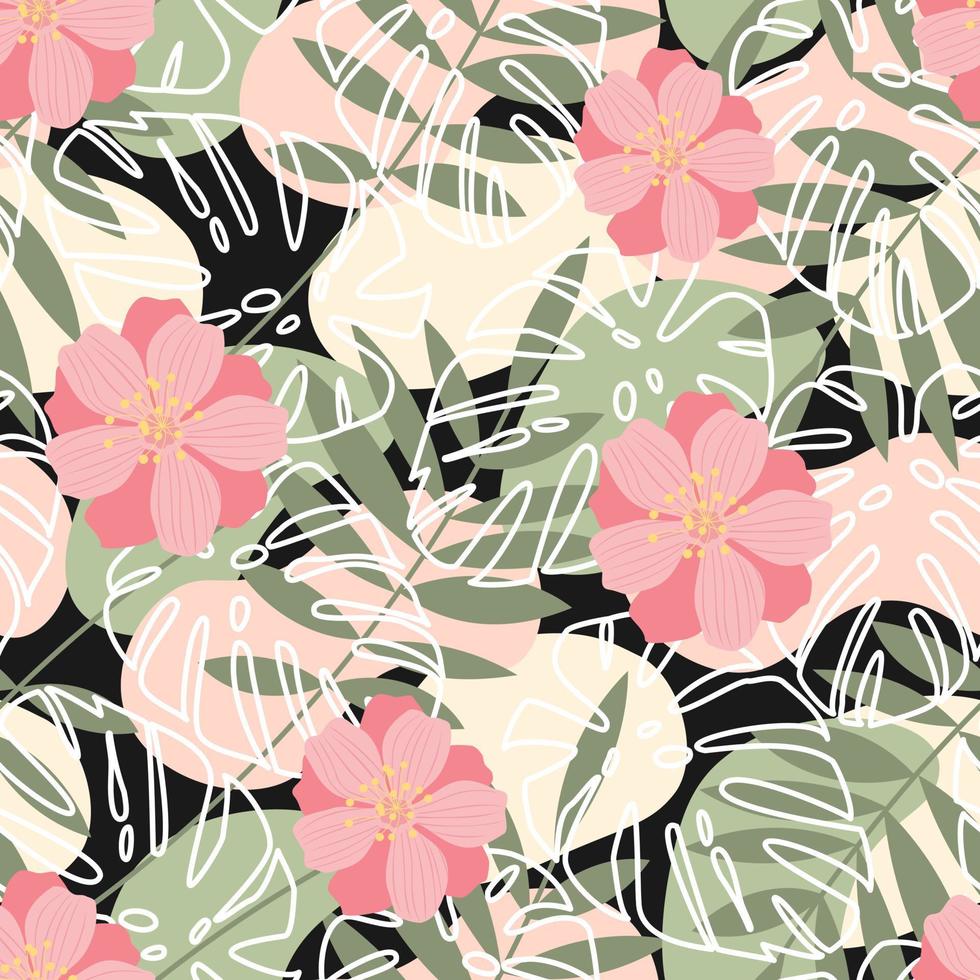 Collage of pink flowers, white outlines of palm leaves, green branches and colored spots on a black background. Seamless vector pattern pastel colors for planes design.
