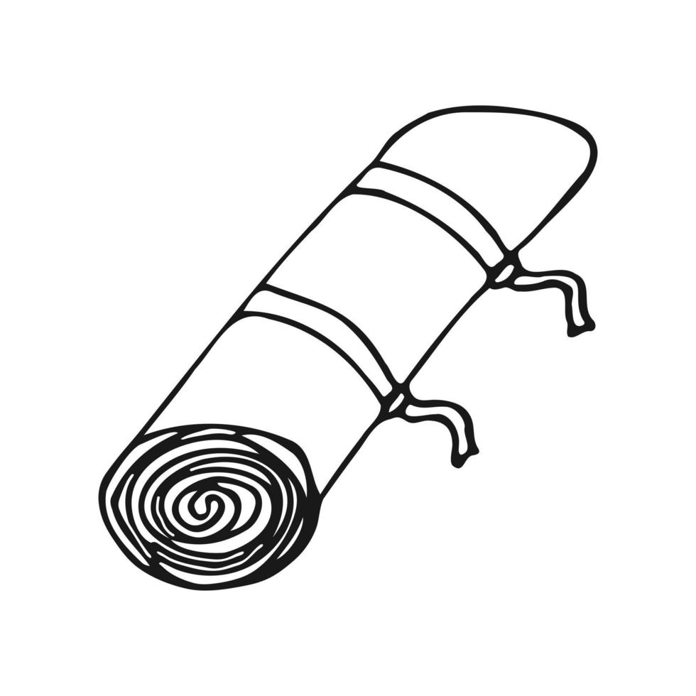 Travel rug tied with doodle-style straps. Equipment for outdoor activities, fitness or yoga. Black contour drawing on a white background. Vector illustration.