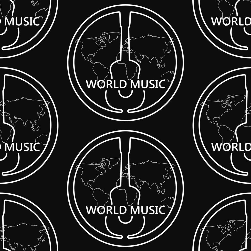 Black and white pattern with guitar, text World music. Linear white pattern with a guitar on a black background. Seamless pattern for textile, wallpaper or wrapper. vector