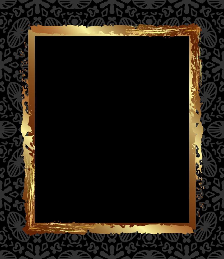 Square gold antique frame on a black background with gray ornaments for decoration of congratulations or packaging. Abstract design in deco style from a gold frame on a black background.Black and gold vector