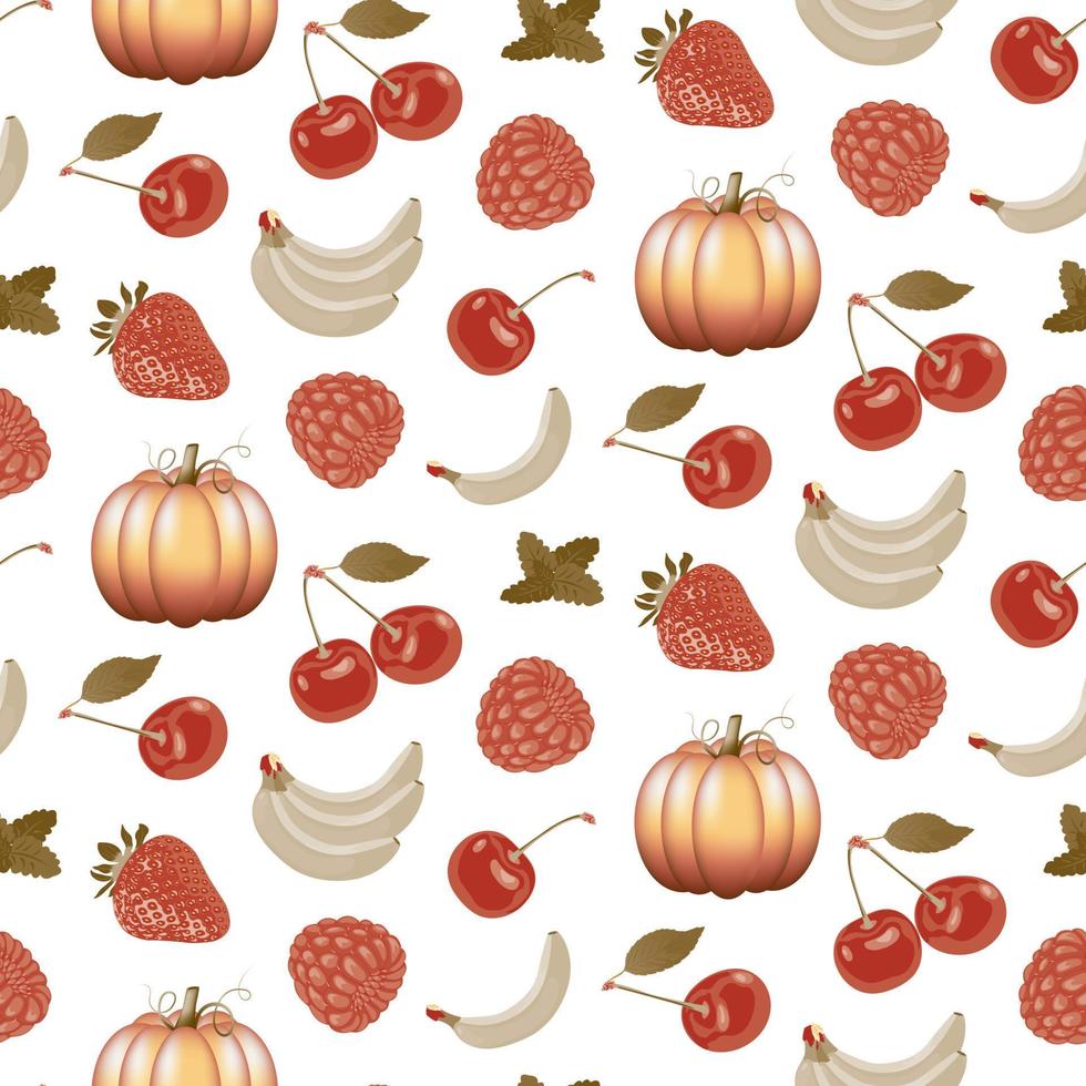 Autumn background with fruits and pumpkin on a white background. Natural seasonal fruits and vegetables seamless pattern. Vector pattern for textiles, wallpapers and wrapping paper.