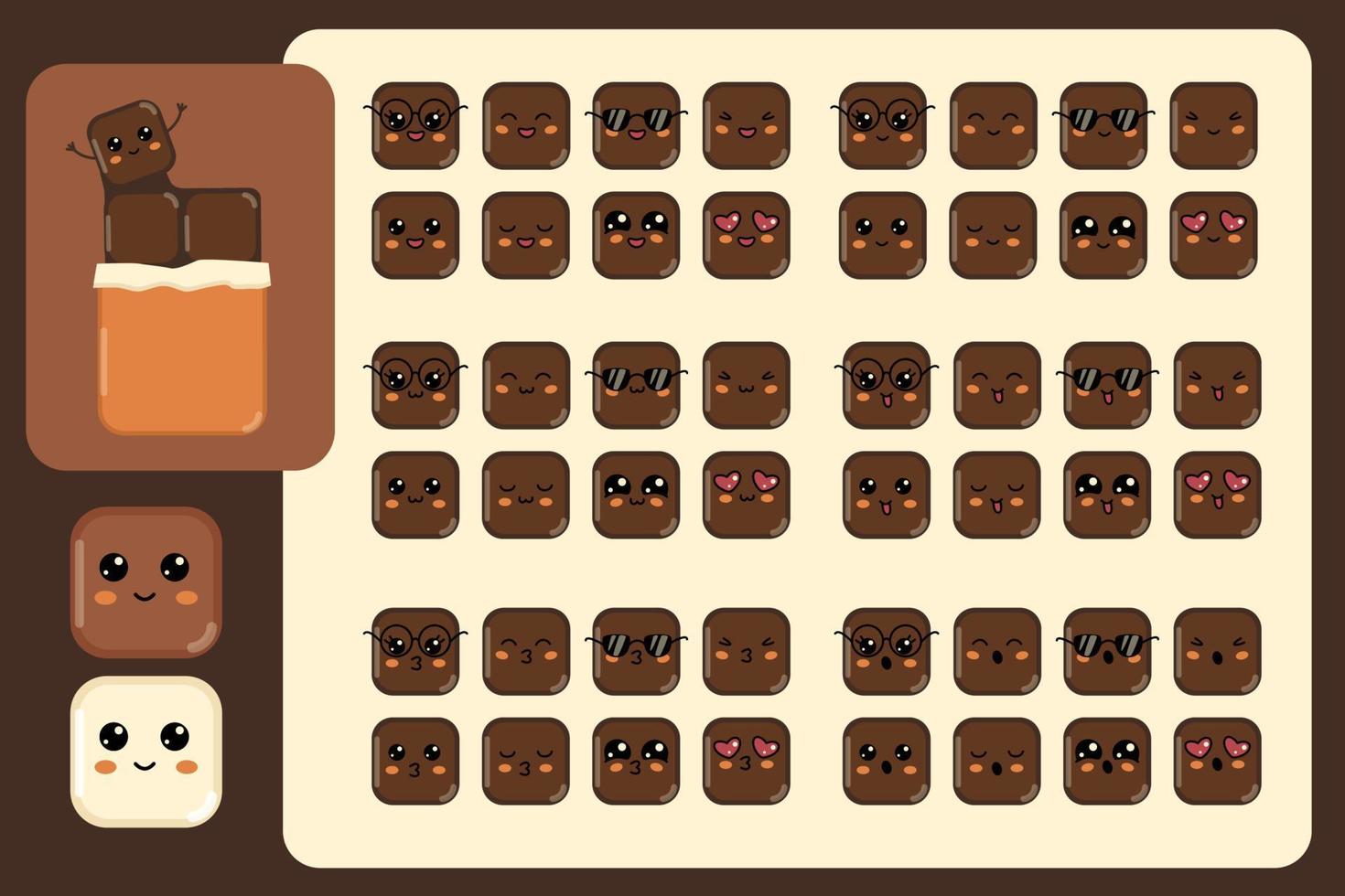 Pice of chocolate bar cute kawaii character, different expressions sweet cube face, happy smiling kiss surprised squint kawaii avatar icons milk dark and white chocolate vector illustration