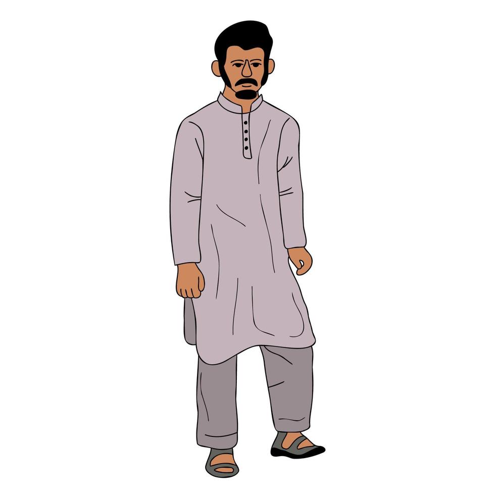 Young Pakistani Man wearing shalwar Kameez, kurta. South Asia traditional dress, muslime male cloth vector illustration