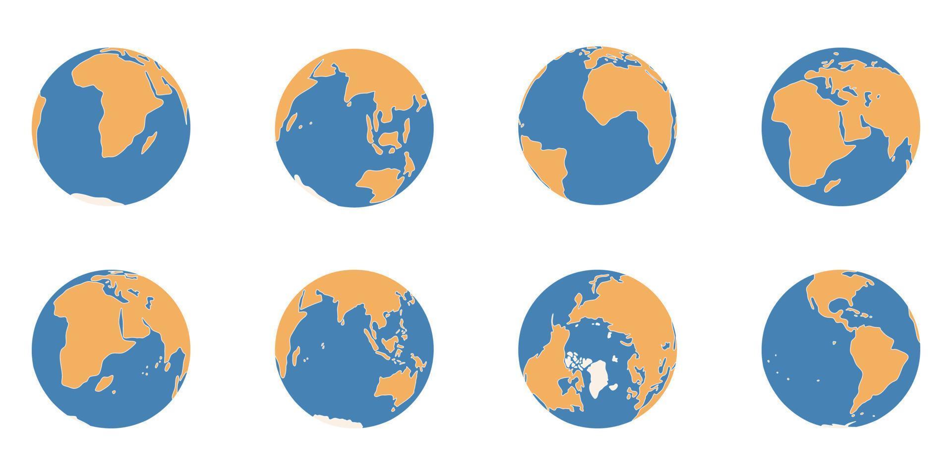 iconos de color dibujados a mano simplificados del planeta tierra. globo diferentes puntos de vista sobre el polo norte, áfrica, américa, australia europa, continentes de asia, ilustración vectorial del mapa del mundo circular vector