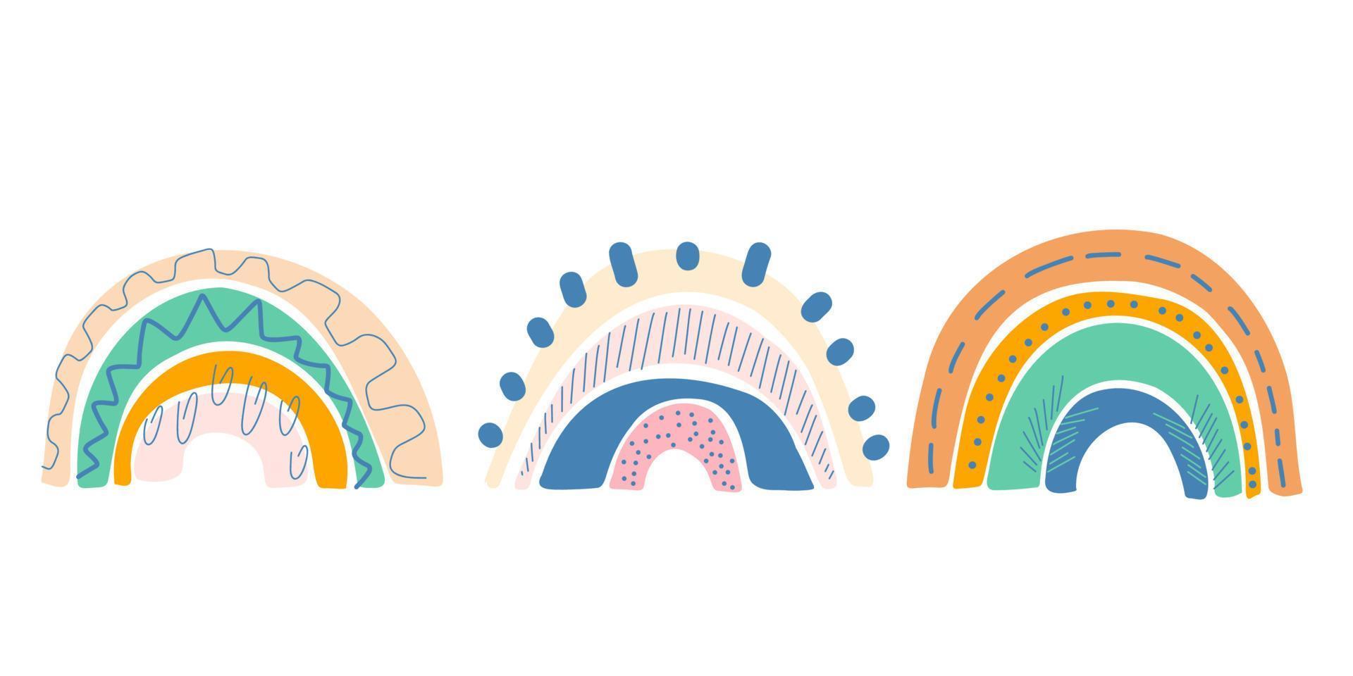 Abstract boho rainbows with bizarre pattern set. Hand drawn cute arch for nursery decoration, birthday, party, room interior posters. Gender neutral scandinavian nursery graphics vector illustration