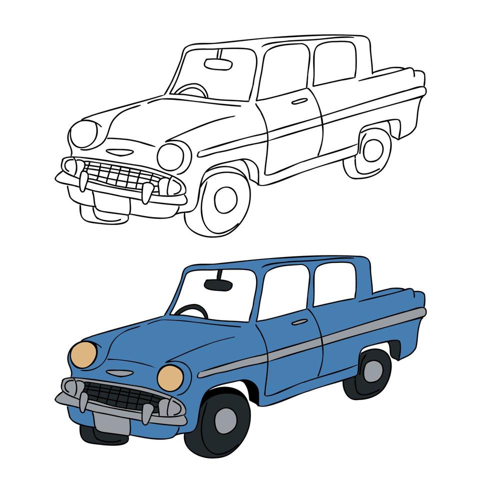 vista isométrica dibujada a mano del sedán clásico azul viejo coche ilustración vectorial trazo negro para colorear el libro de dibujo de los niños. vector