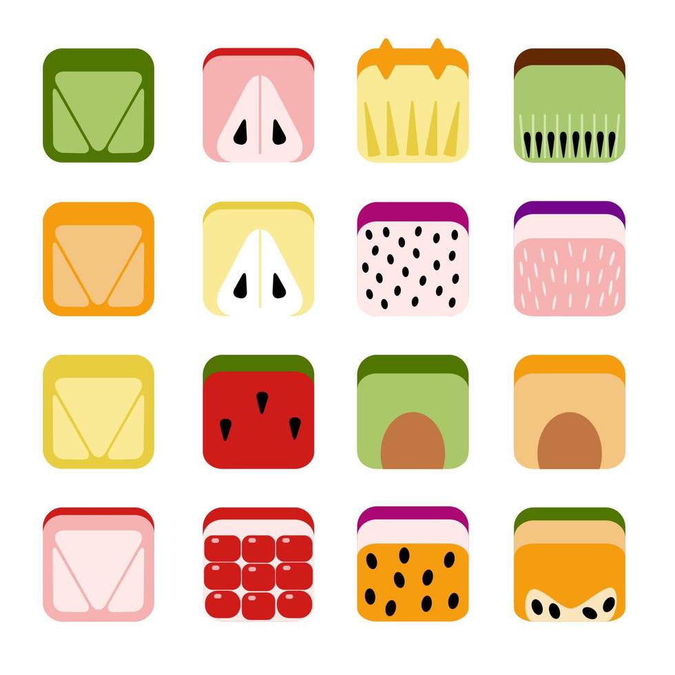 Abstract fruit icons set. Square shaped cube block fruits. Watermelon, citrus pomegranate kiwi apple pear, dragon fruit, avocado plum, pineapple, peach, passion fruit, fig, papaya vector illustration