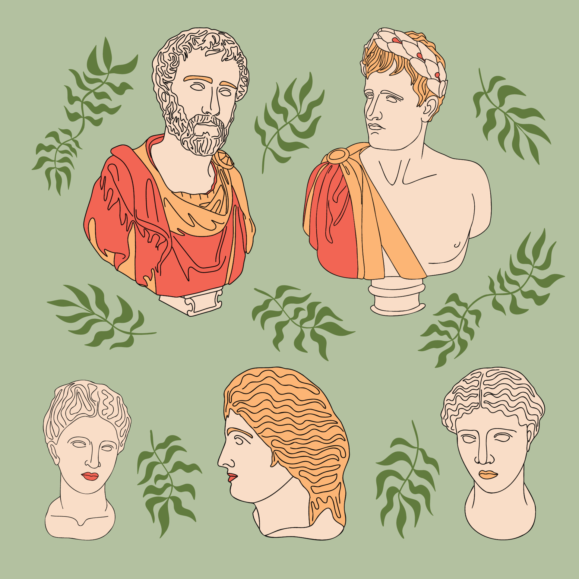 Ancient greek sculptures. Abstract simple marbel heads and busts