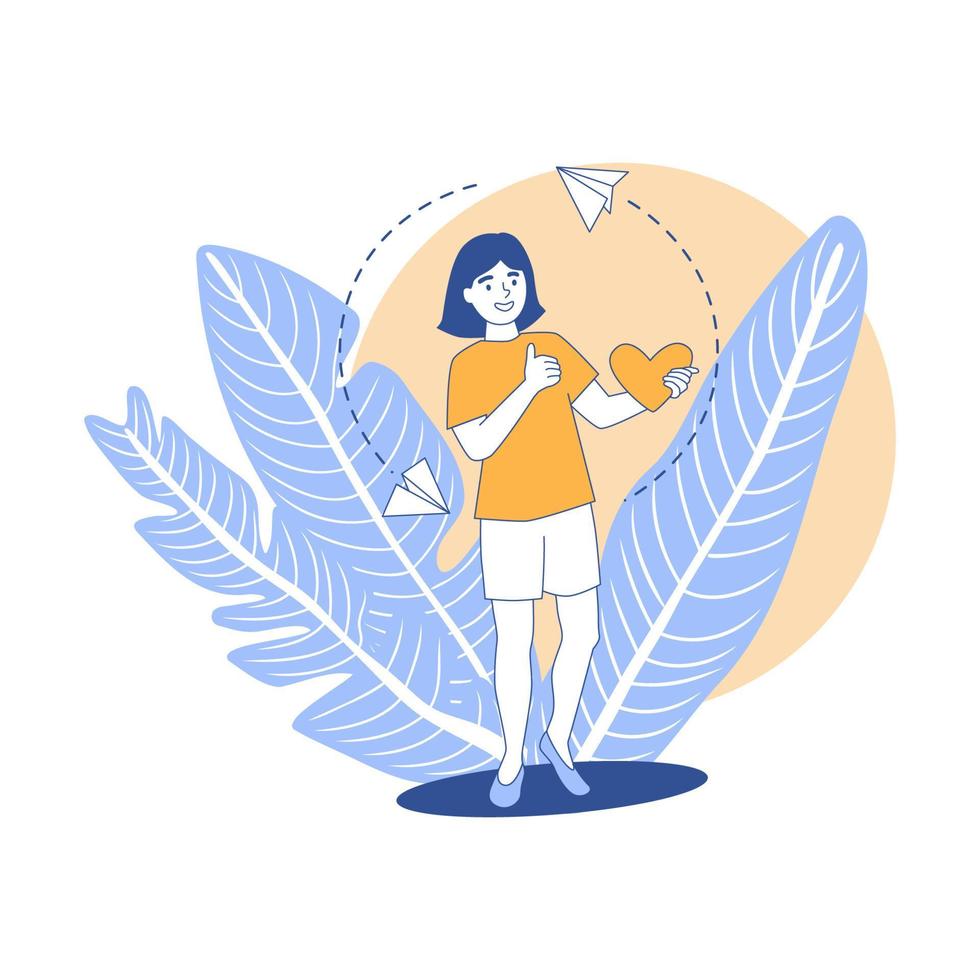 Customer feedback concept. Woman shows class sign gesture and holds heart on leaves background, paper origami planes fly arround symbolizing feedback messages, positive ranking of business vector