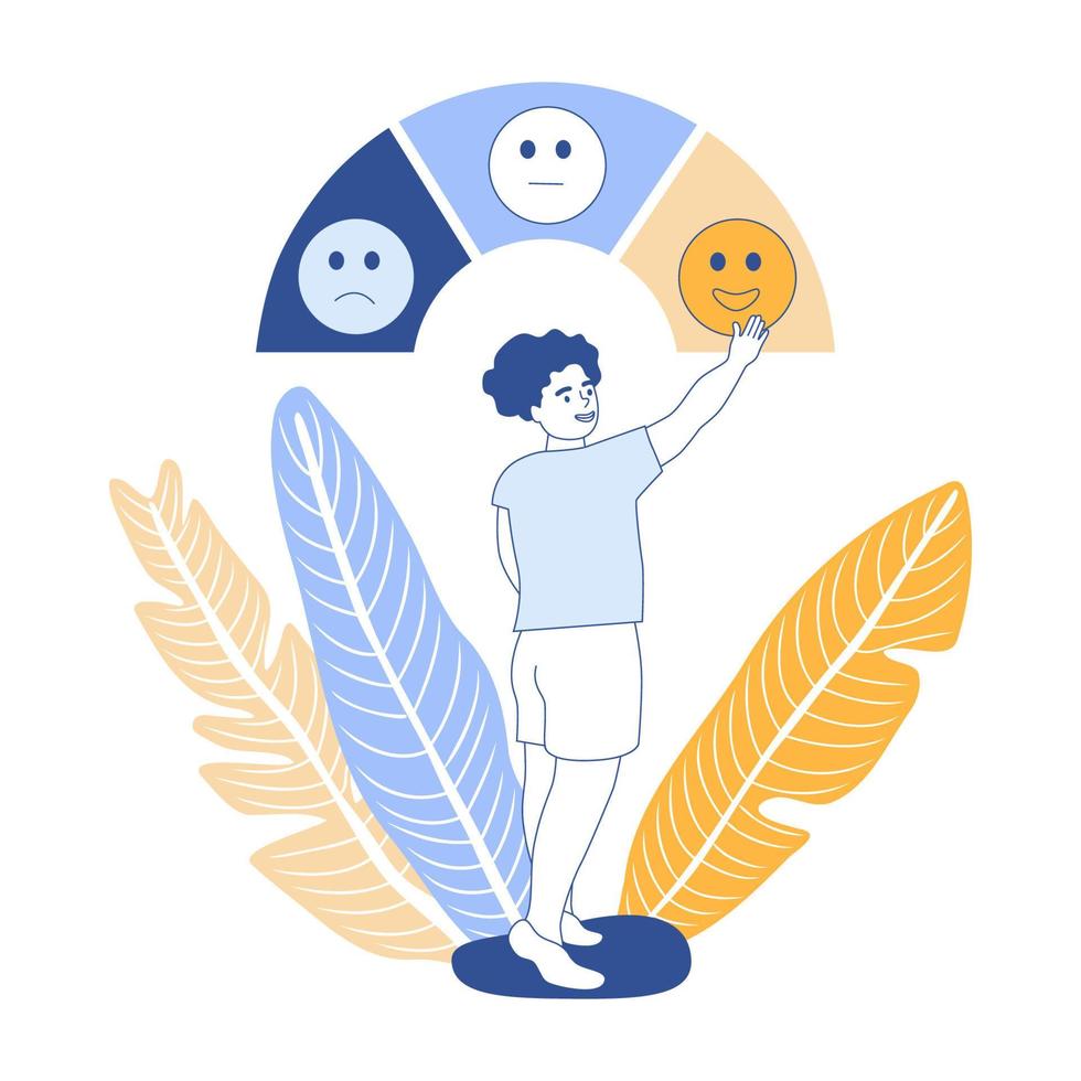 Feedback concept. Guy chooses positive assessment for service or product, feedback from client, satisfaction scale emoji smile. Excellence ranking or business reputation vector illustration web banner