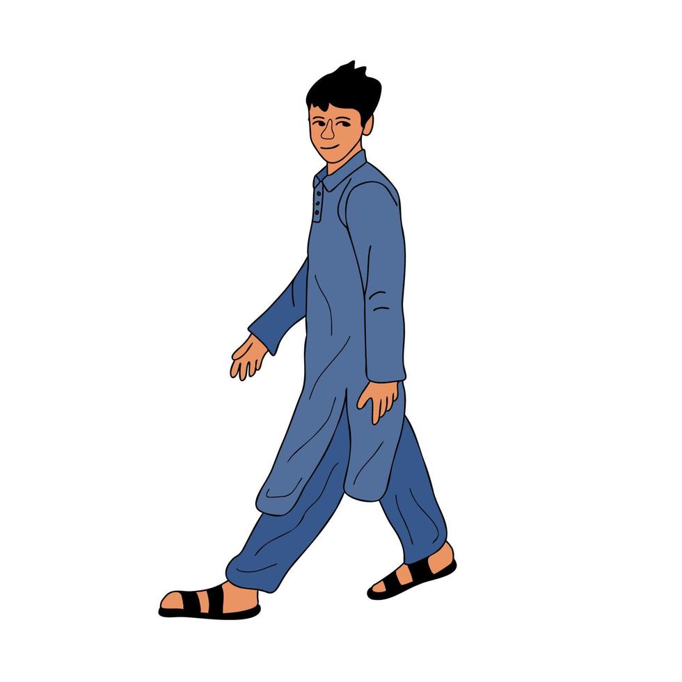 joven paquistaní con el retrato de shalwar kameez, niño con tela musulmana tradicional en pose libre ilustración vectorial vector