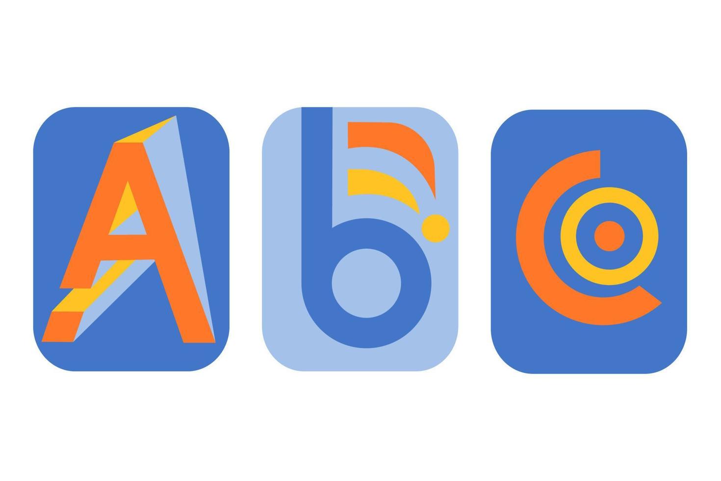 Three posters set with abstract geometric letters. Simple minimalist shapes and forms of letters A, B and C. Vector illustration