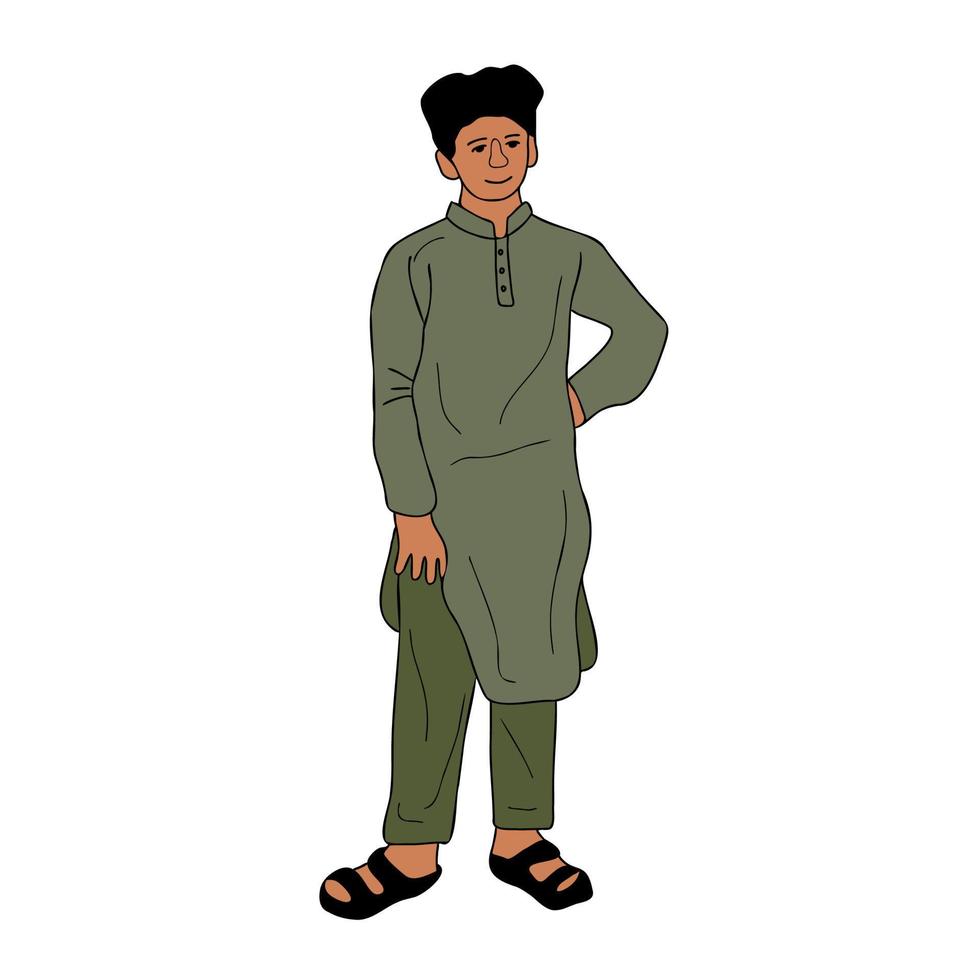 Pakistani young man wearing the shalwar kameez portrait, boy in traditional muslim cloth in free pose vector illustration