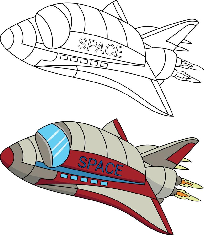 transbordador espacial, página para colorear de cohetes y personaje colorido de imágenes prediseñadas vector