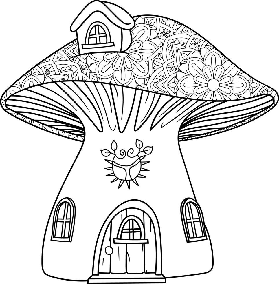 Outlined mushroom house illustration for coloring book vector