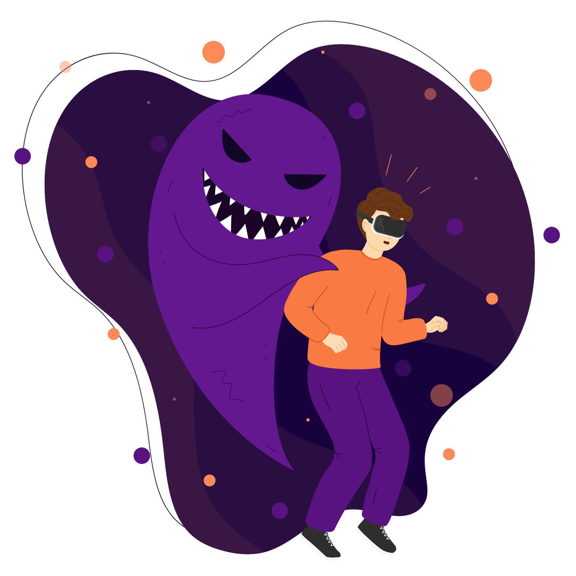 Virtual reality. VR gaming, video gaming, horror game. Scary monster