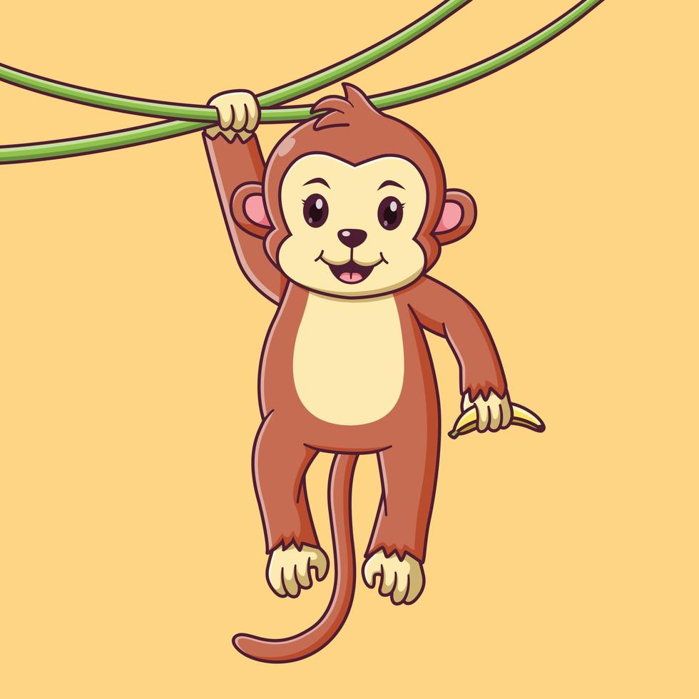 Cute Monkey Cartoon Hanging on the Branch. Monkey Icon Concept. Flat Cartoon Style. Suitable for Web Landing Page, Banner, Flyer, Sticker, Card vector