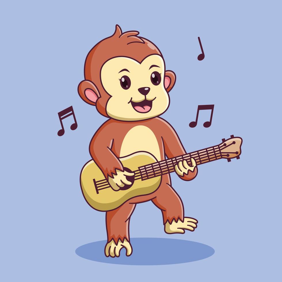 Cute Monkey Cartoon Playing a Guitar. Monkey Icon Concept. Flat Cartoon Style. Suitable for Web Landing Page, Banner, Flyer, Sticker, Card vector