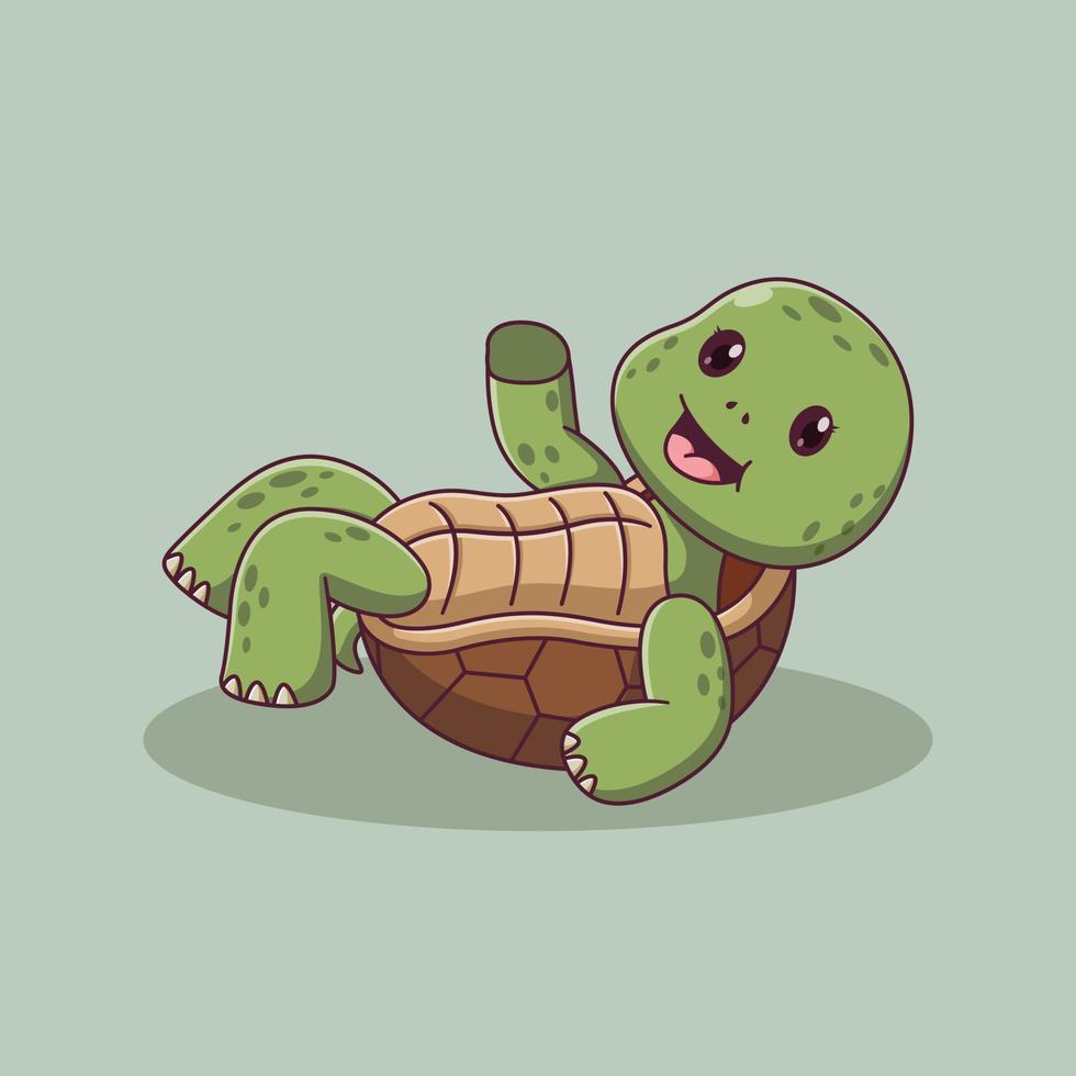 linda caricatura de tortuga riendo y acostándose. concepto de icono de tortuga. estilo de dibujos animados plana. adecuado para página de inicio web, pancarta, volante, pegatina, tarjeta vector