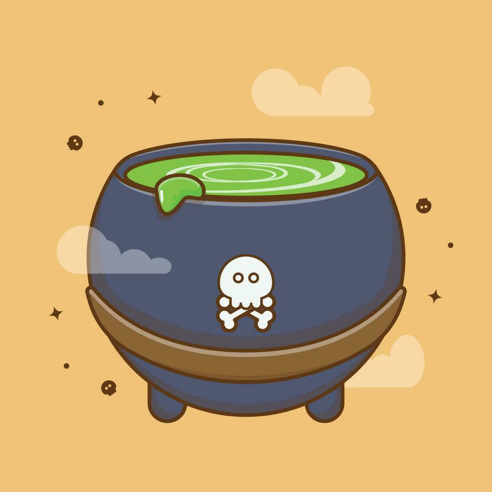 Witch potion cauldron cartoon icon illustration. Halloween concept. Simple premium design vector