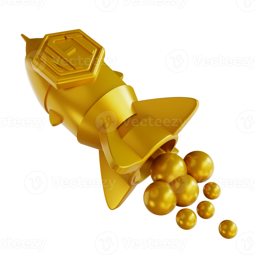 3D illustrations golden NFT Launching and rocket png