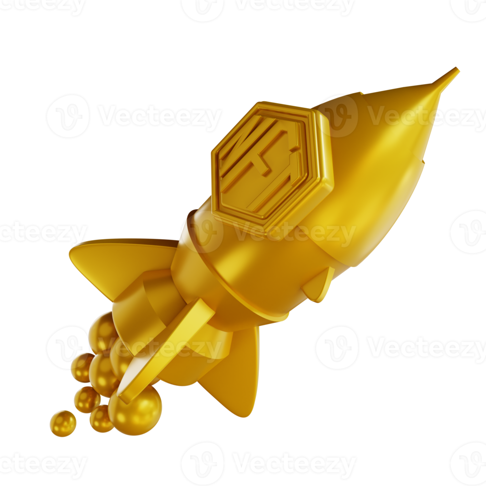 3D illustrations golden NFT Launching and rocket png