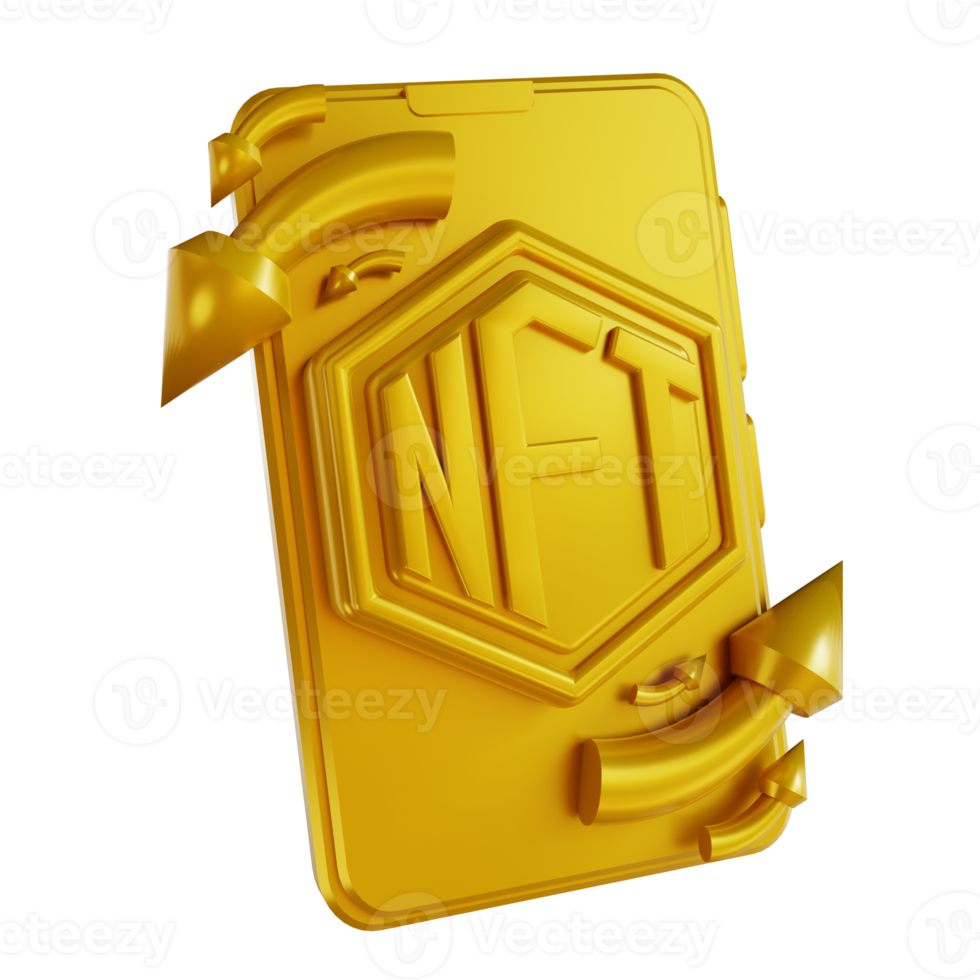 3d illustraties gouden mobiel en nft uitwisseling png