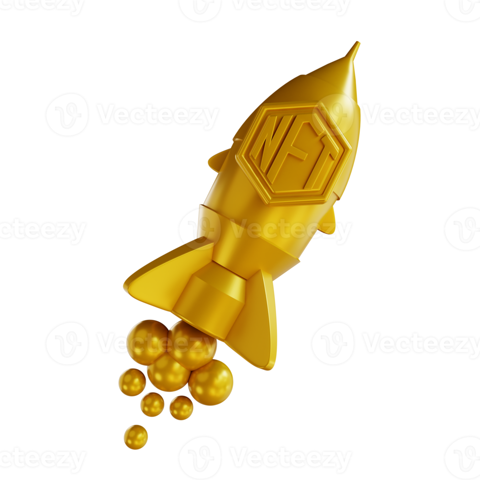 3D illustrations golden NFT Launching and rocket png