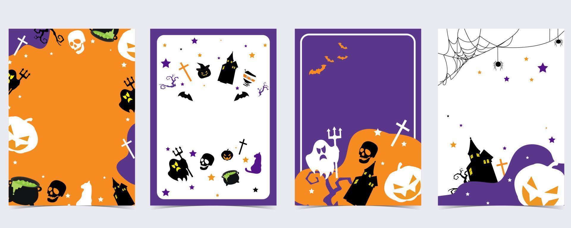 fiesta postal de halloween con web, araña, murciélago, calabaza, casa, esqueleto vector