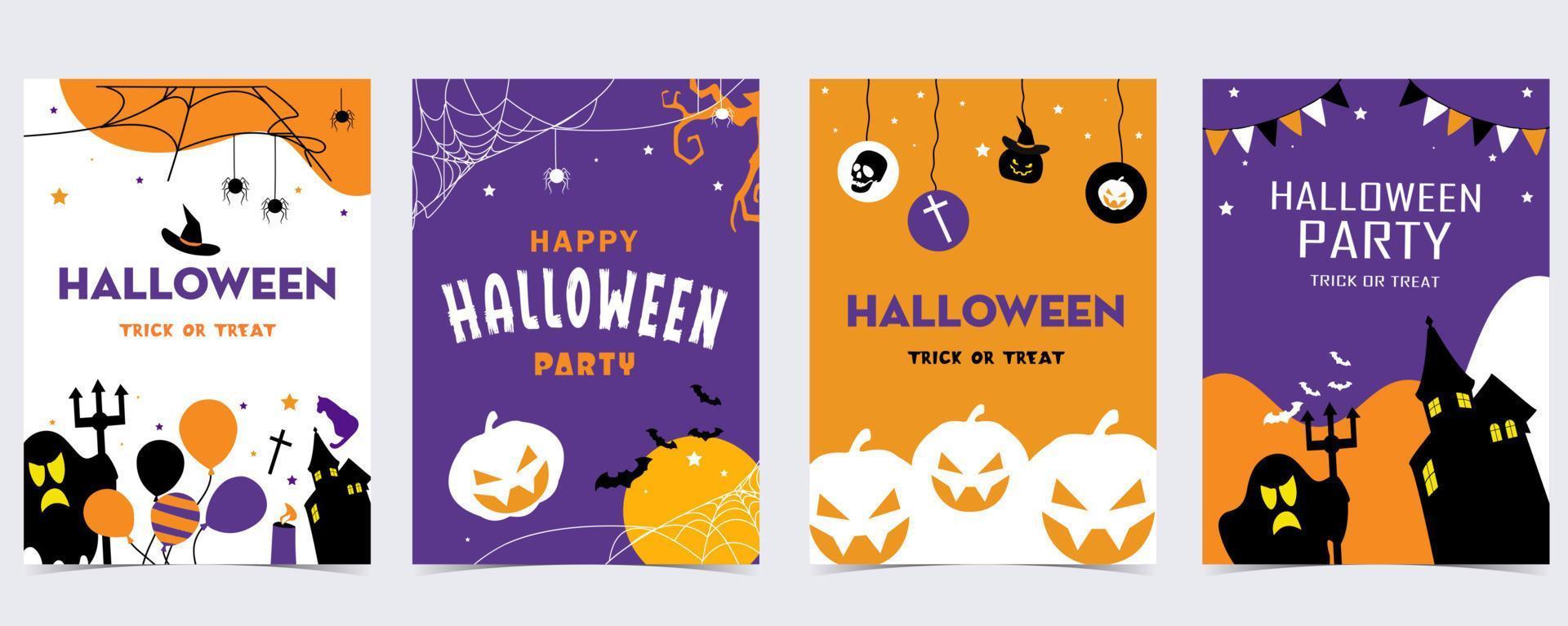 fiesta postal de halloween con web, araña, murciélago, calabaza, casa, esqueleto vector