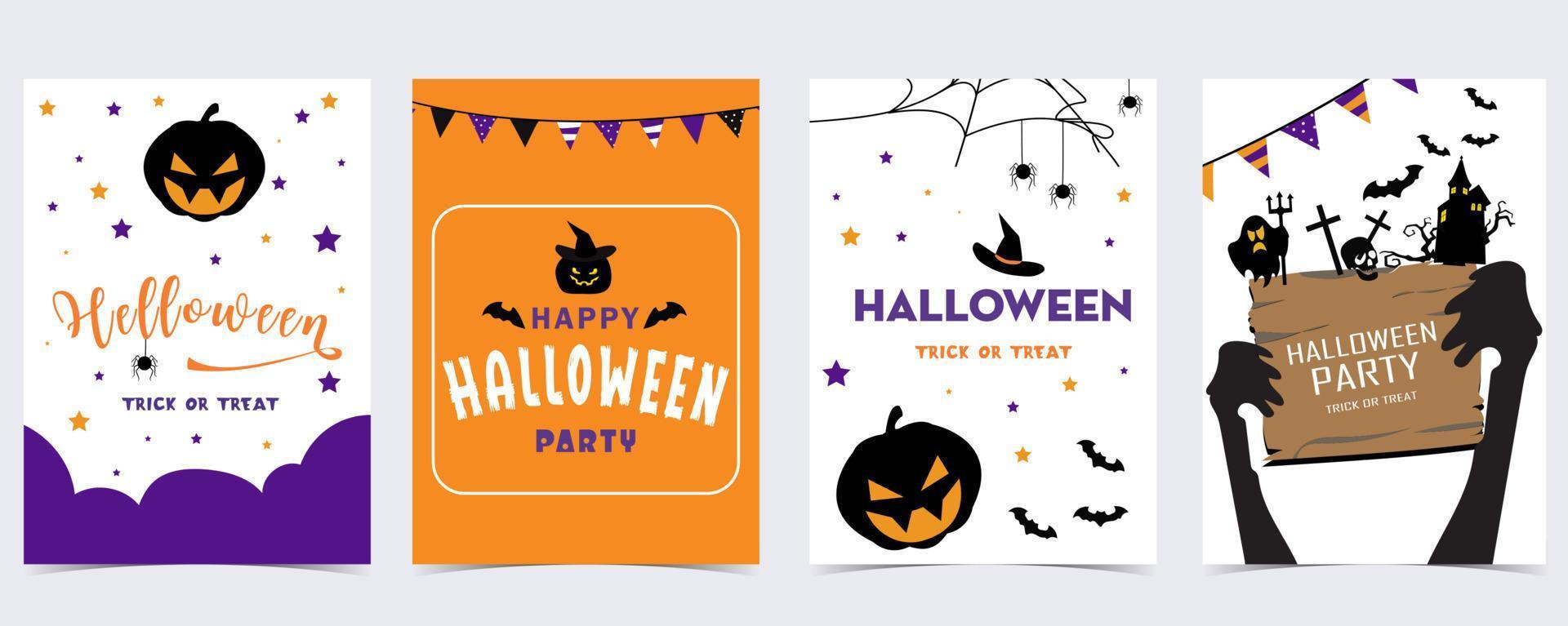 Party halloween postcard with web, spider, bat,pumpkin,house, skeleton vector