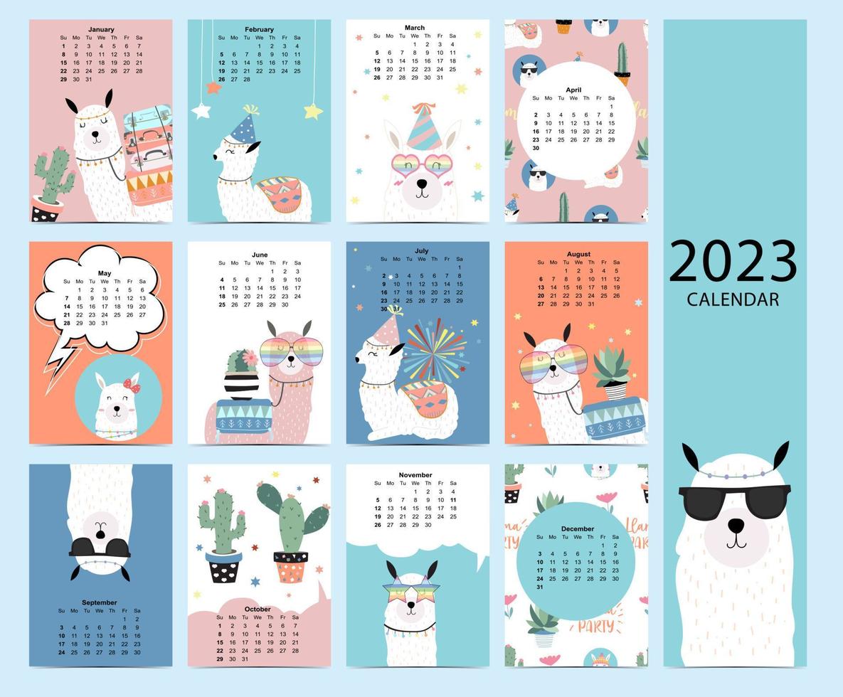 Cute calendar 2023 with llama for children.Can be used for printable graphic vector