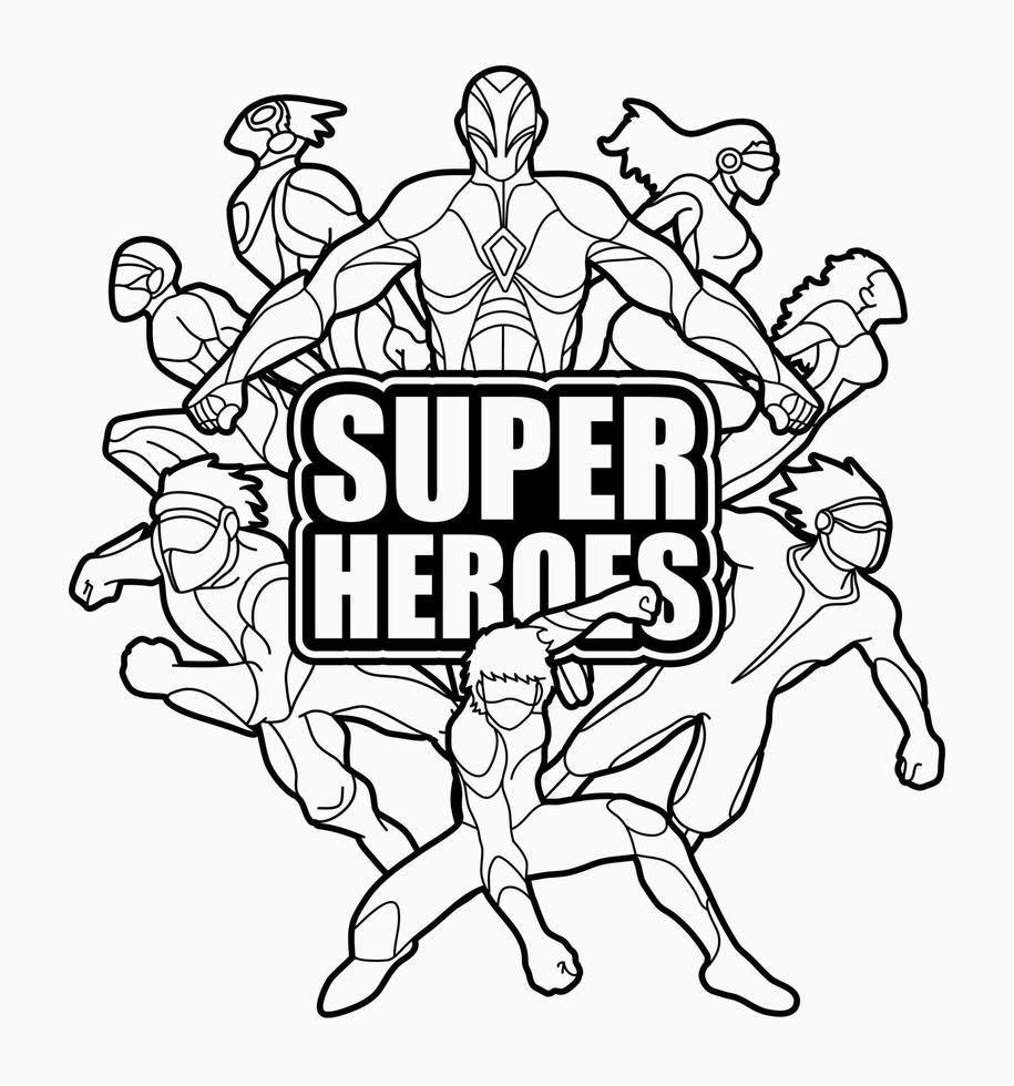 esbozar un grupo de superhéroes con superhéroes de texto vector