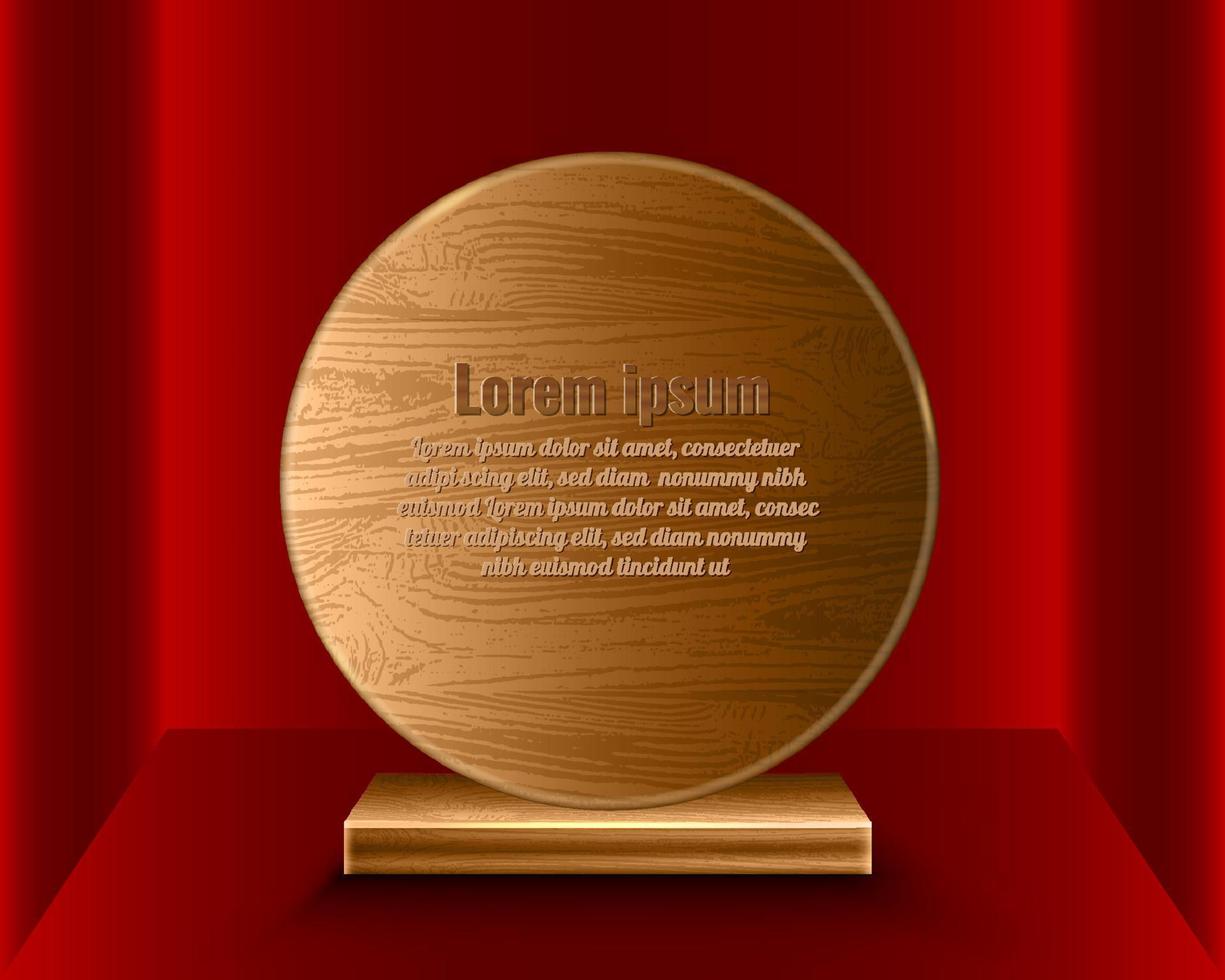 Rounded wooden plaque award, standing wooden medal isolated perspective gradient red color vector