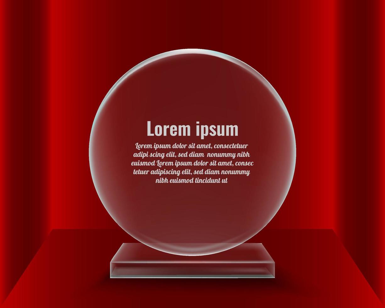 Rounded glass plaque award, glass medal isolated perspective gradient red color vector
