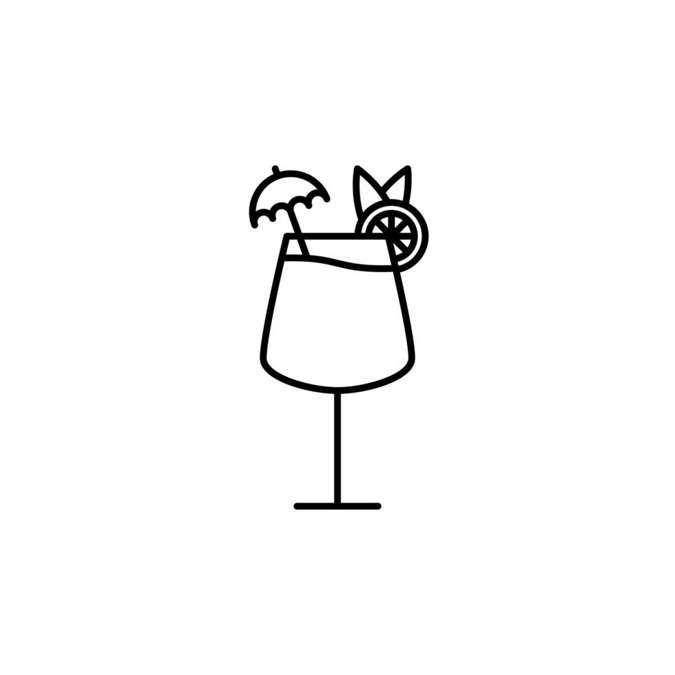 icono de copa de vino tinto con guarnición de paraguas y rodaja de limón sobre fondo blanco. simple, línea, silueta y estilo limpio. en blanco y negro. adecuado para símbolo, signo, icono o logotipo vector