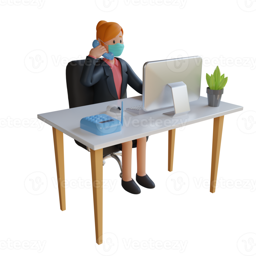 Business woman wearing mask at work calling 3d character illustration png