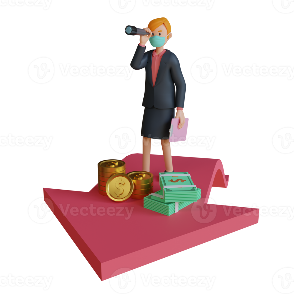 Business woman looking with binoculars and arrows wearing mask 3d character illustration png