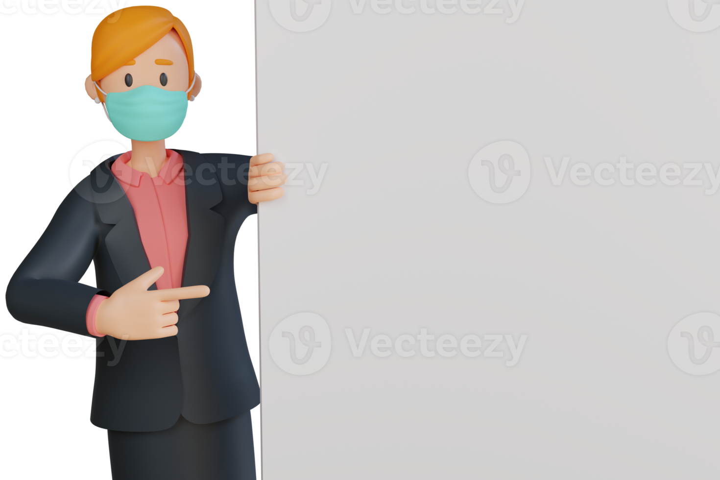 donna indossare maschera mostrando qualcosa con vuoto bianca foglio 3d personaggio illustrazione png