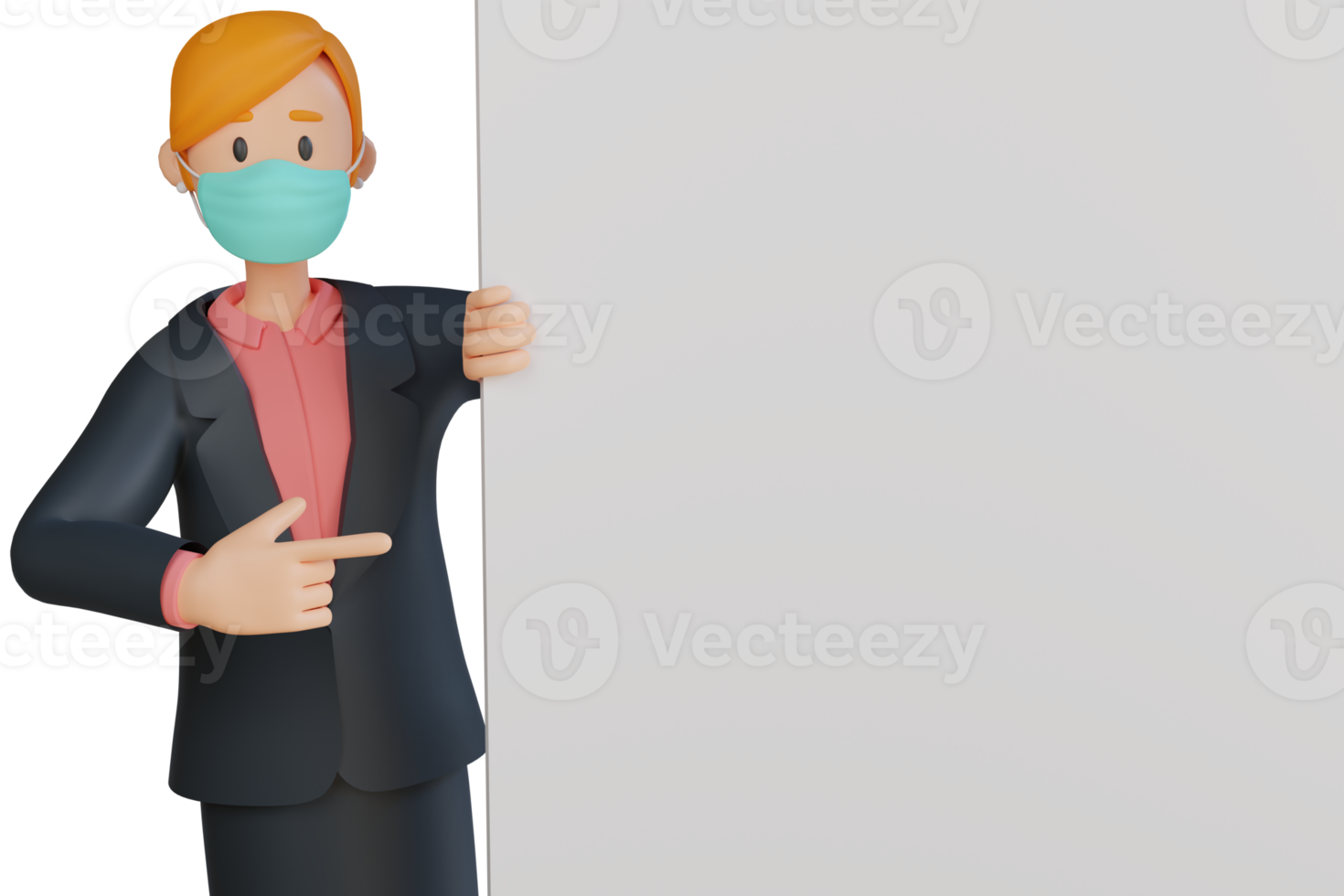 Woman wearing mask showing something with blank white sheet 3d character illustration png