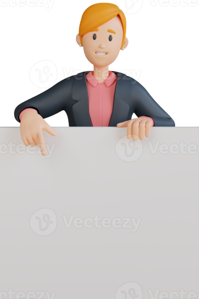 businesswoman showing something with blank white sheet 3d character illustration png