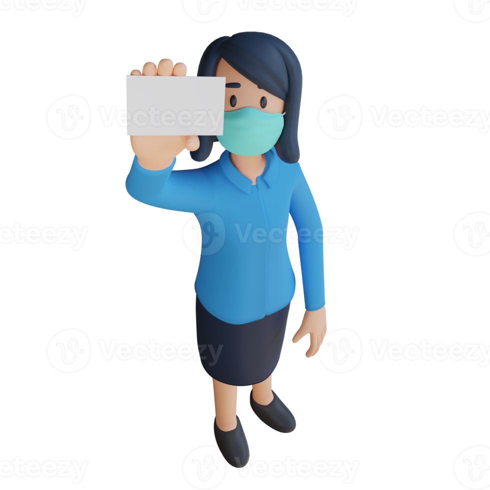 une employée porte un masque tenant une illustration de personnage 3d de carte de visite png