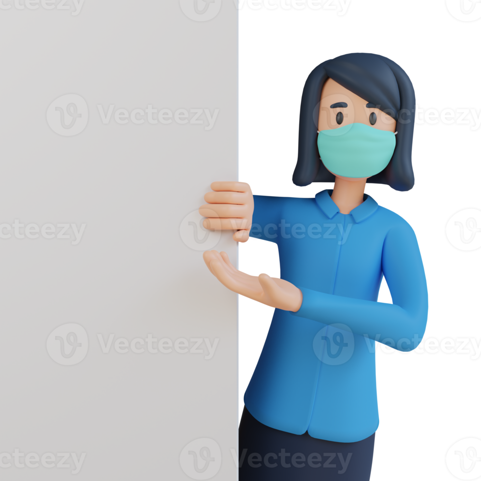 female employee wearing mask holding blank white sheet 3d character illustration png