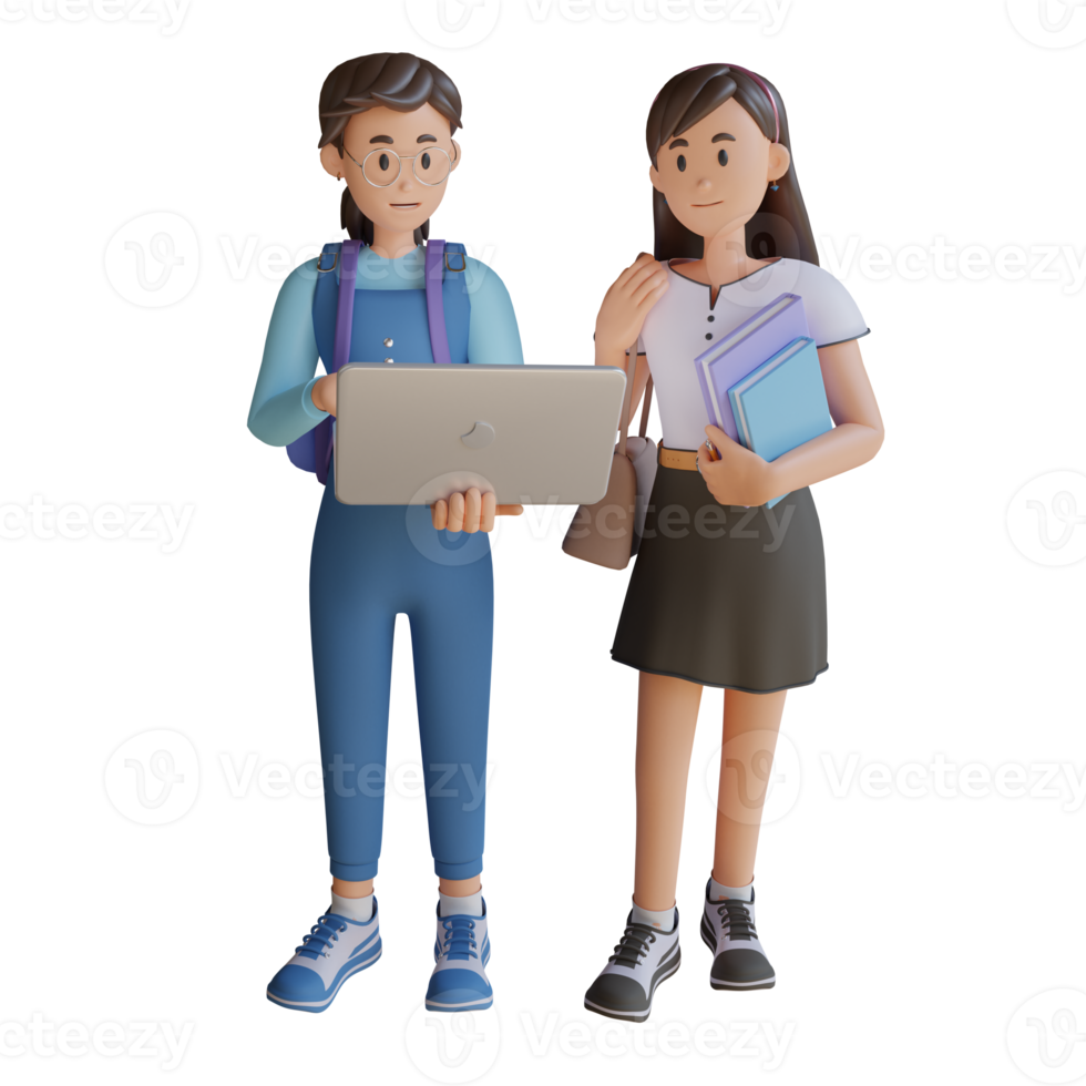 two young girl holding a laptop and books 3d character illustration png